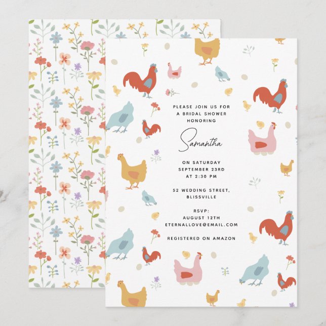 Invitation Belle poules de poulet et Fête des mariées de pous (Devant / Derrière)