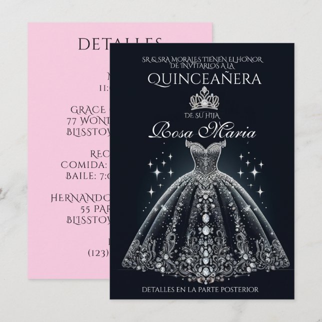 Invitation Belle Quince espagnole Quinceañera (Devant / Derrière)
