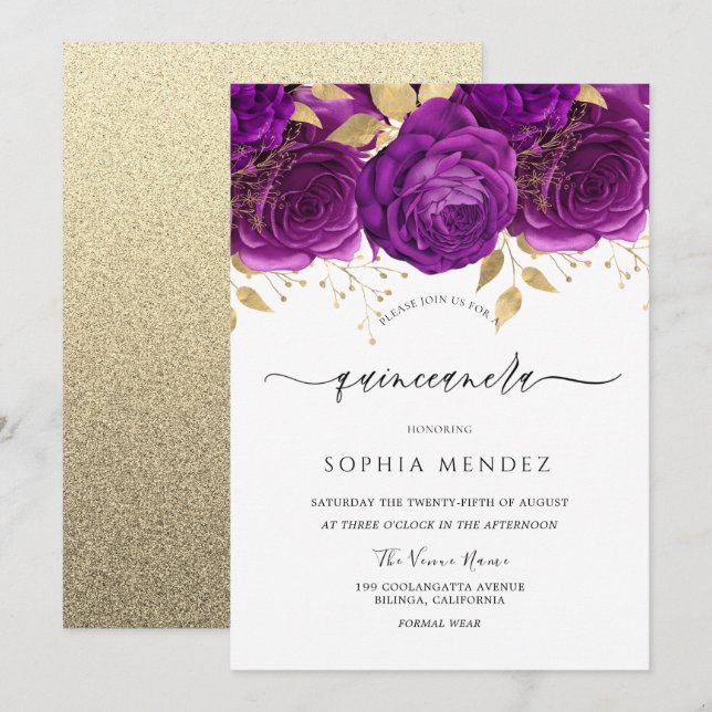 Invitation Belle Quinceanera à éperon florale violet et or (Devant / Derrière)
