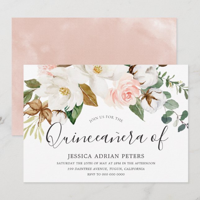 Invitation Belle Quinceanera Florale Blanche & Blush (Devant / Derrière)