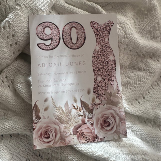 Invitation Belle robe blanche élégante Rose 90e anniversaire (Créateur téléchargé)