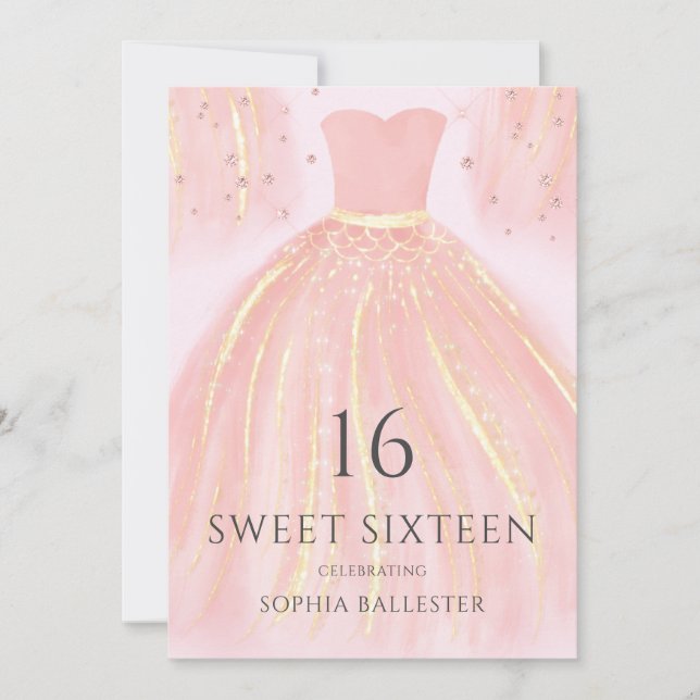 Invitation Belle Robe de sirène rose vif Douce 16 Partie (Devant)