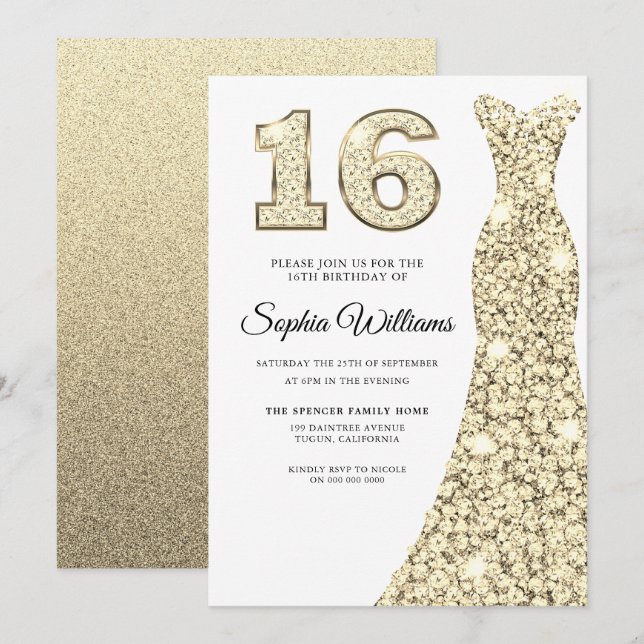 Invitation Belle Robe d'or 16e Anniversaire Douce 16 (Devant / Derrière)