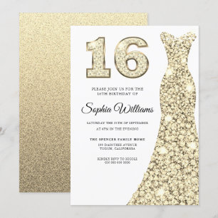 Invitation Belle Robe d'or 16e Anniversaire Douce 16