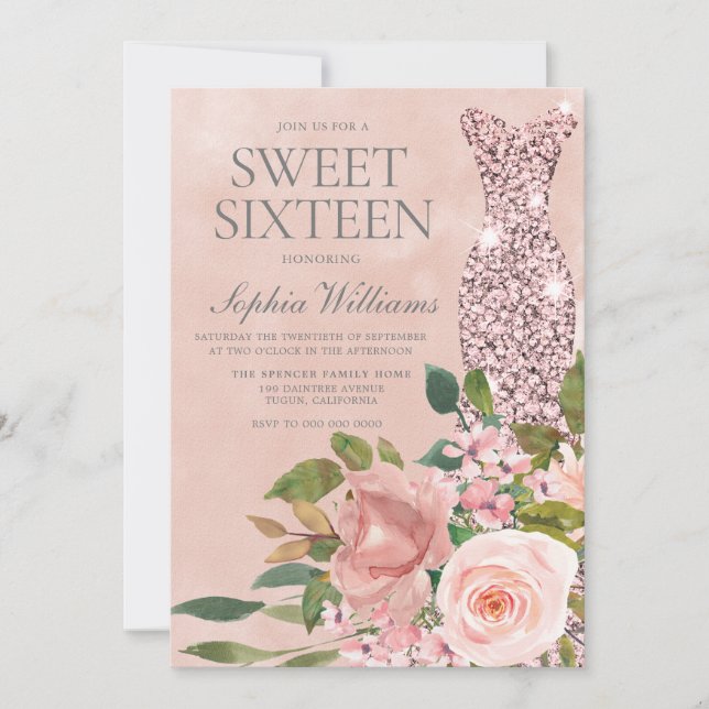 Invitation Belle robe rose étincelante Rose or Sweet 16 (Devant)