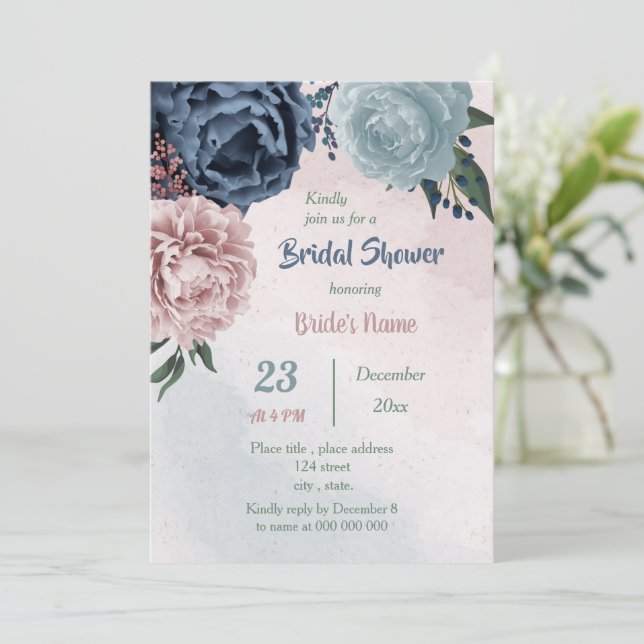 Invitation belle rose bleu floral vert nuptiale douche (Debout devant)