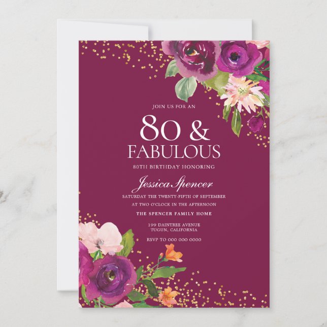 Invitation Belle rose Fleurs 80e anniversaire fête (Devant)