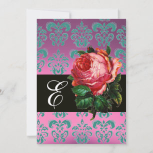 INVITATION BELLE ROSE PÂLE  LILAS BLEU DAMAS MONOGRAMME