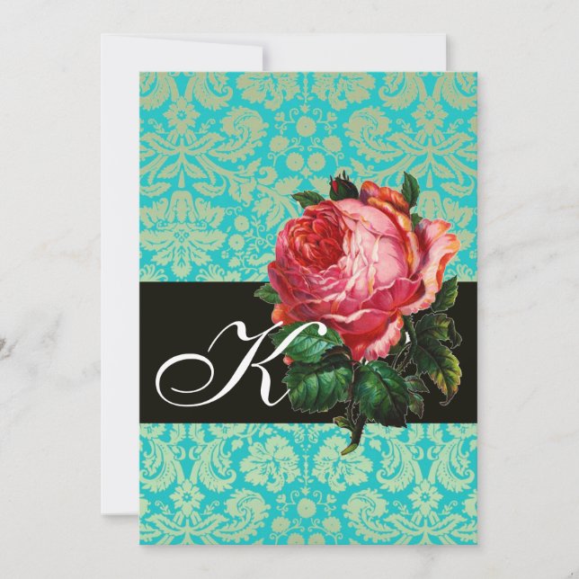 INVITATION BELLE ROSE PINK  MONOGRAMME DAMASSÉ BLEU NOIR (Devant)