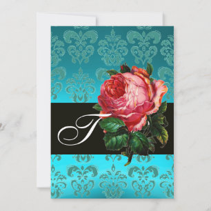 INVITATION BELLE ROSE PINK  MONOGRAMME DAMASSÉ BLEU NOIR
