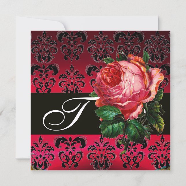 INVITATION BELLE ROSE POURPRE FUCHSIA NOIR DAMAS MONOGRAMME (Devant)