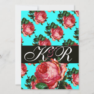 INVITATION BELLE ROSE ROSE AQUA BLEU SARCELLE FLORAL MONOGRAM