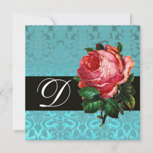 INVITATION BELLE ROSE ROSE  DAMAS BLEU NOIR MONOGRAMME