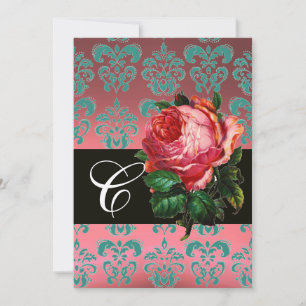 INVITATION BELLE ROSE ROSE DAMAS BLEU NOIR MONOGRAMME