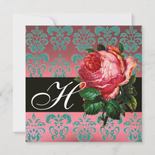 INVITATION BELLE ROSE ROSE  DAMAS BLEU NOIR MONOGRAMME