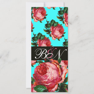 INVITATION BELLE ROSE ROSE PÂLE AQUA BLEU SAPHIR FLORAL MONOG