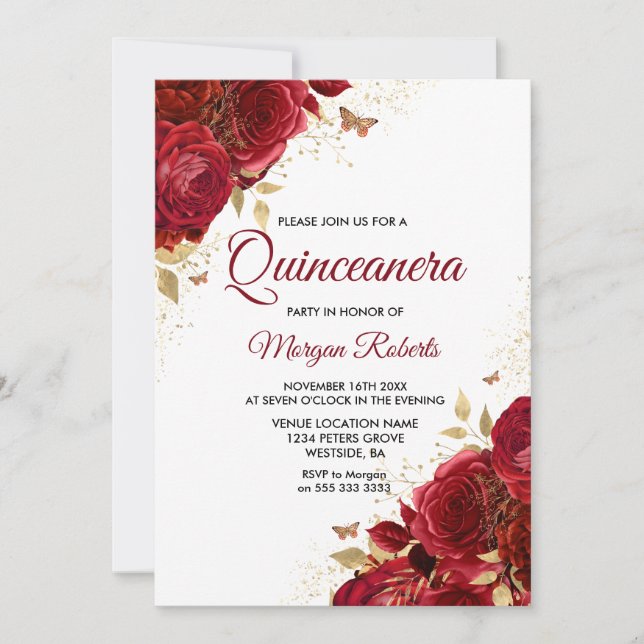 Invitation Belle Roses Rouges Papillons Quinceanera Party (Devant)