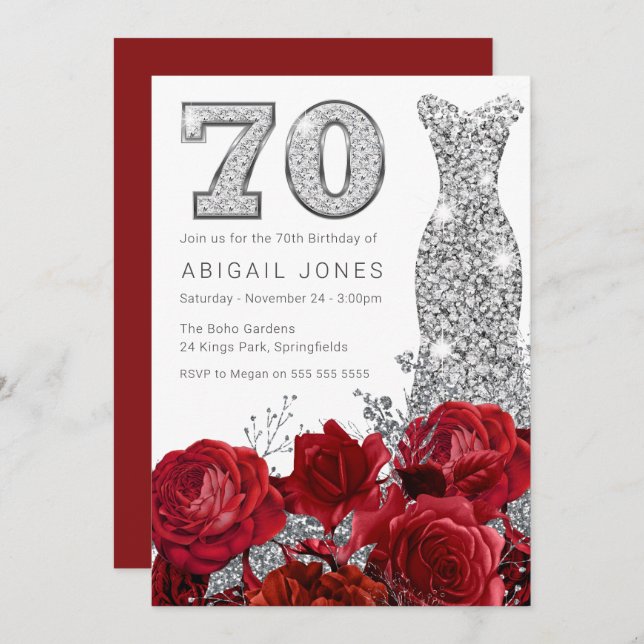 Invitation Belle Roses rouges & Robe d'argent 70e anniversair (Devant / Derrière)