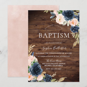 Invitation Belle Rustique Blush Navy Fleurs Filles Baptême
