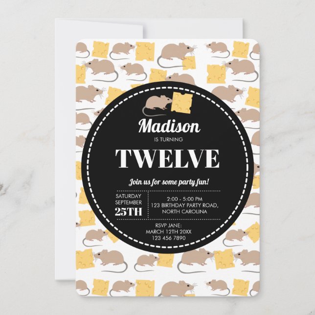 Invitation Belle Souris Rodent Manger Fromage Anniversaire (Devant)