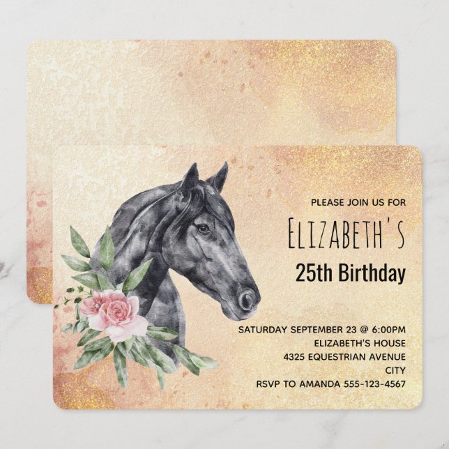 Invitation Belle tête de cheval en aquarelle Anniversaire (Devant / Derrière)