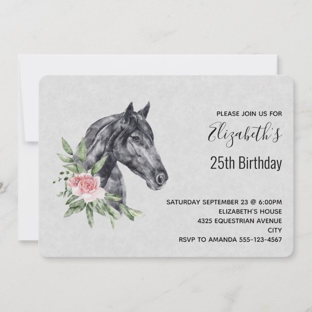 Invitation Belle tête de cheval Portrait d'aquarelle Annivers (Devant)
