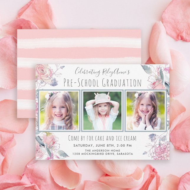 Invitation Belle trois-photo - Graduation pré-scolaire pour l (Available as both printed and paperless digital download!)