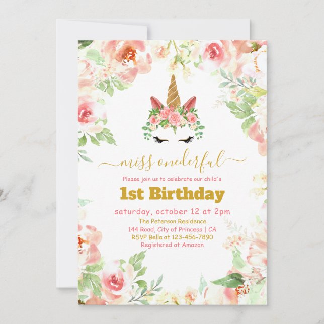 Invitation Belle Unicorne Face Aquarelle 1er Anniversaire (Devant)