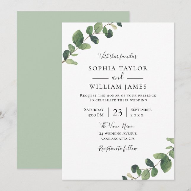 Invitation Belle verdure : Aquarelle Mariage feuille (Devant / Derrière)