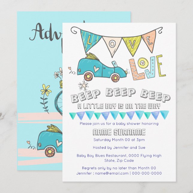 Invitation Belle voiture baby shower de transport Voyage de g (Devant / Derrière)
