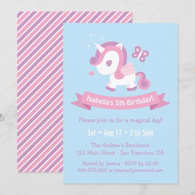 Invitation Belle Voler Magique Unicorn Girls Anniversaire (Devant / Derrière)