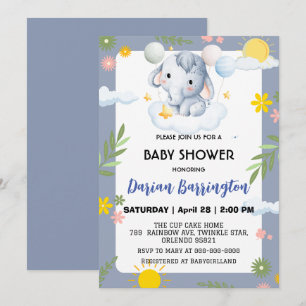 Invitation Belles fleurs d'éléphants baby shower enfants garç