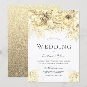 Invitation Belles Fleurs d'or Mariage élégant