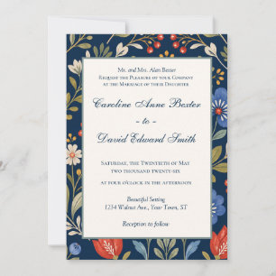 Invitation Belles Fleurs Sauvages Scandinaves sur Fond Bleu M