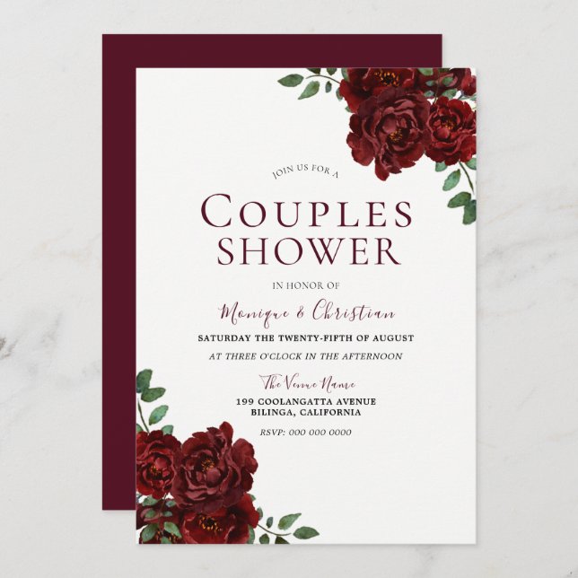 Invitation Belles roses rouges douche romantique pour couples (Devant / Derrière)