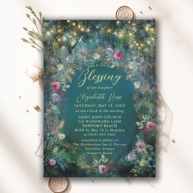 Invitation Bénédiction de baptême Jardin enchanté Roses de co (baptism invitation christening enchanted forest garden botanical greenery roses emerald gold frame)