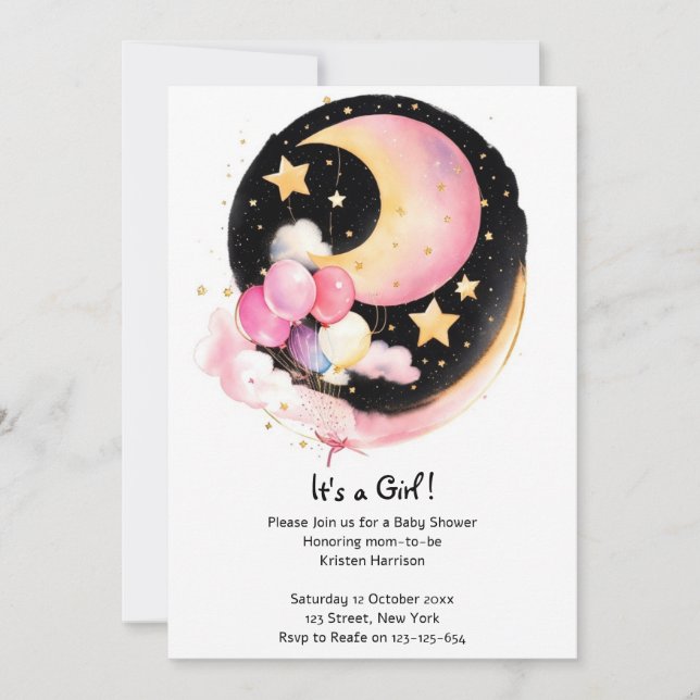 Invitation Bénédictions célestes : Lune et étoiles Bébé Fille (Devant)