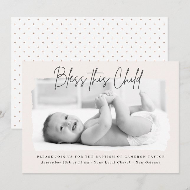 Invitation Bénis Cet Enfant Crème Dusty Baptême Baptême Baptê (Devant / Derrière)