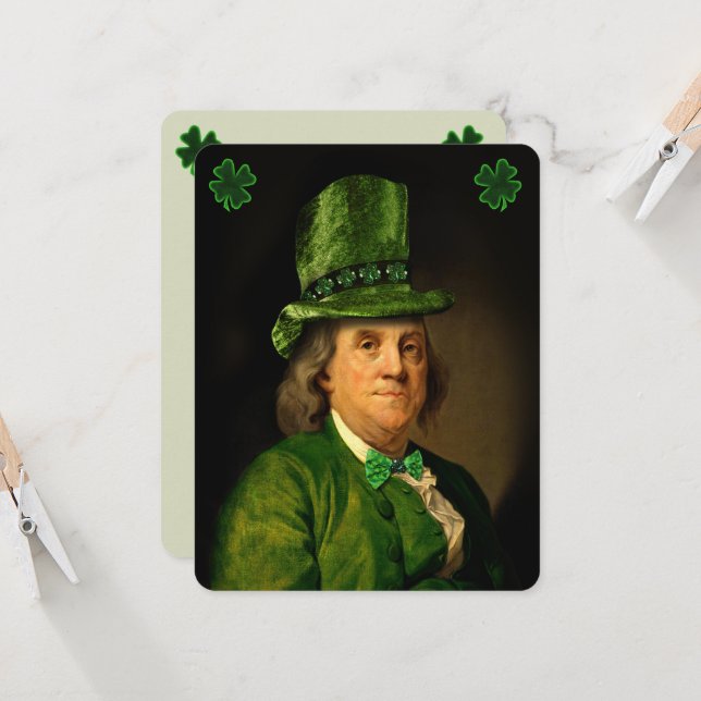 Invitation Benjamin Franklin Trèfle Saint-Patrick (Devant/Arrière en situation)