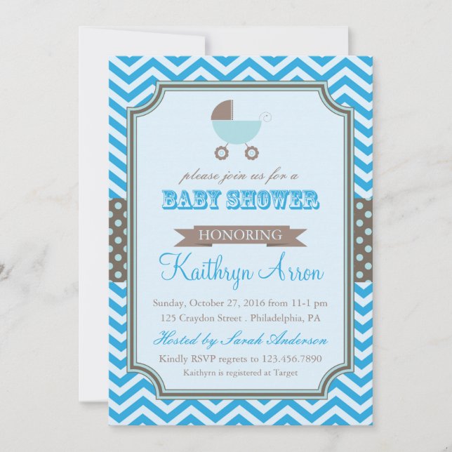 Invitation Berceau - Pois et Baby shower bleu Chevron (Devant)