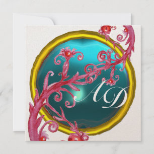 Invitation BÉRIES MAGIQUES 4,MONOGRAM bleu aquamarine or