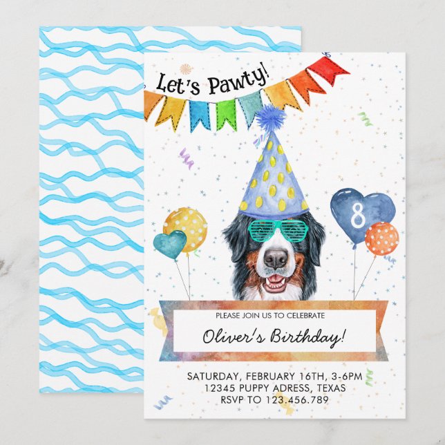 Invitation Bernese Mountain Lets Pawty Dog fête d'anniversair (Devant / Derrière)