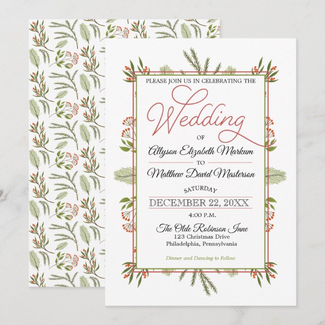 Invitation Berries et Pine d'hiver Verdure Mariage de vacance (Devant / Derrière)