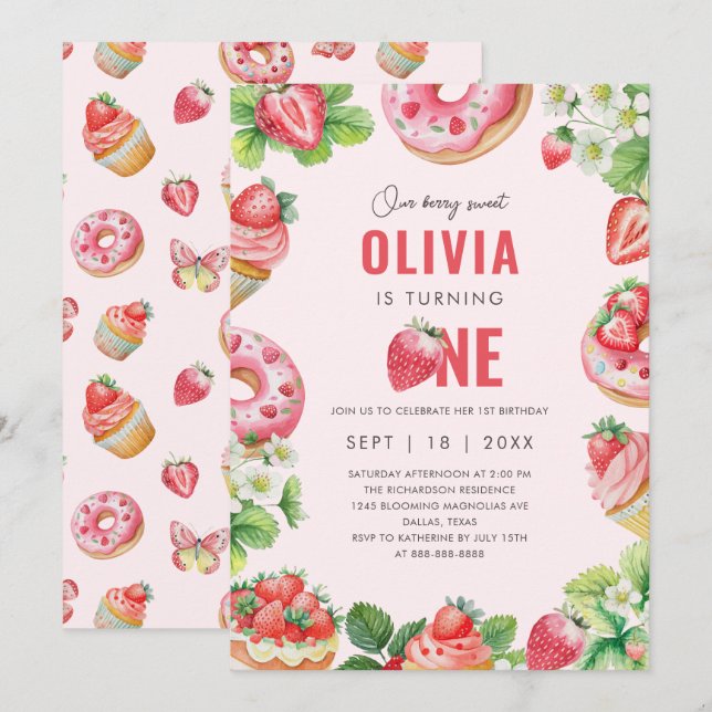 Invitation Berry 1er anniversaire Pink Sweet Strawberry Girl (Devant / Derrière)