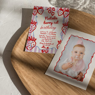 Invitation Berry 1st Hand Drawberry Photo Anniversaire