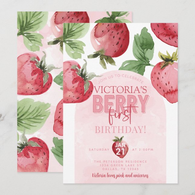 Invitation Berry aux fraises roses 1er anniversaire (Devant / Derrière)