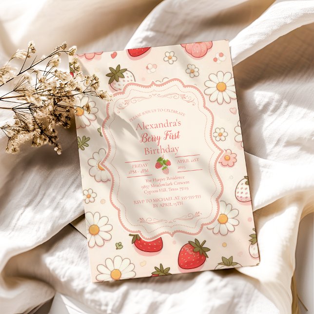 Invitation Berry aux fraises roses Premier 1er anniversaire (Créateur téléchargé)