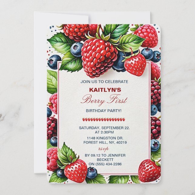 Invitation Berry aux fraises sucrées Premier 1er anniversaire (Devant)