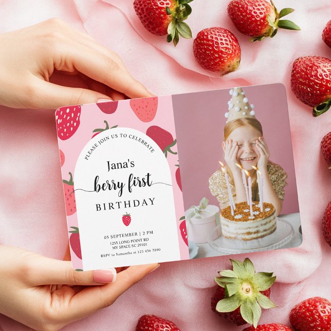 Invitation Berry avec photo | Anniversaire des fraises roses  (Créateur téléchargé)