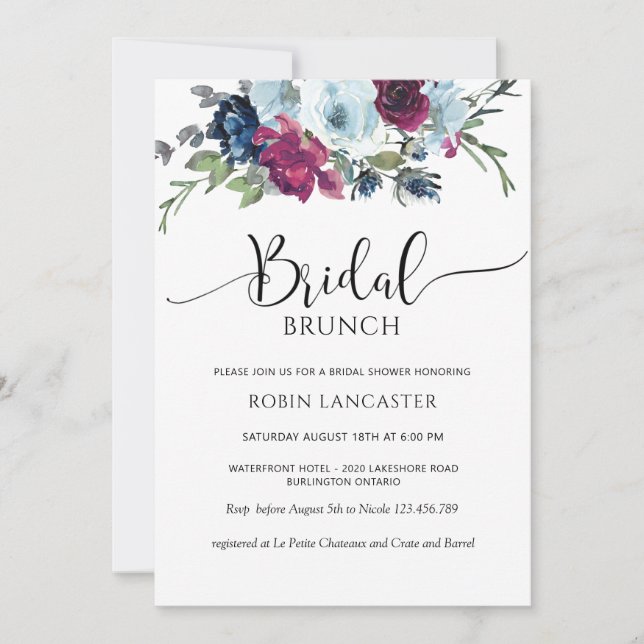 Invitation Berry, Bleu, Bourgogne Floral Brunch/Douche (Devant)